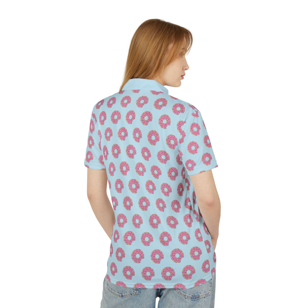 Blue Polo Shirt with Pink Donut Pattern — Casual Golf & Resort Tee