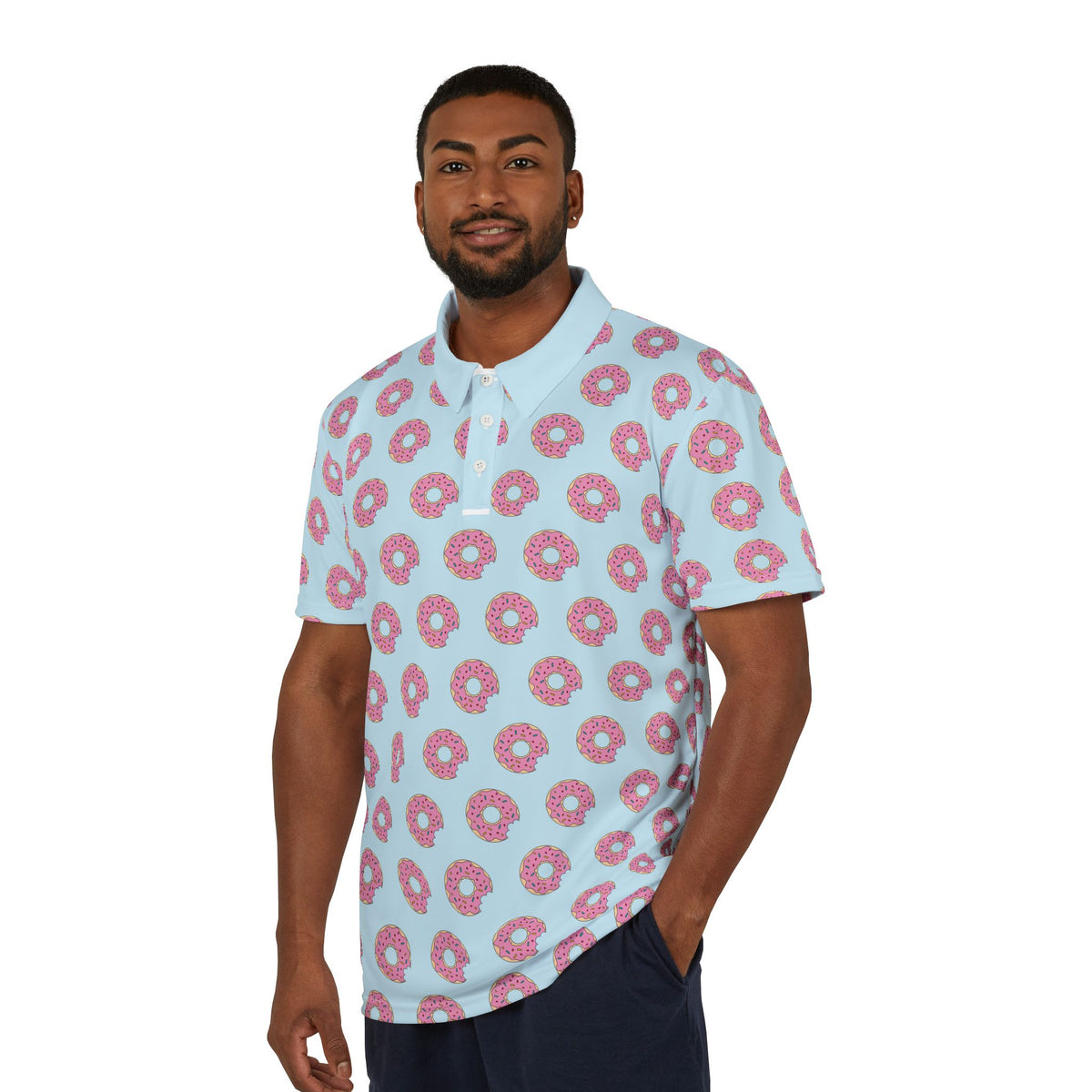 Blue Polo Shirt with Pink Donut Pattern — Casual Golf & Resort Tee