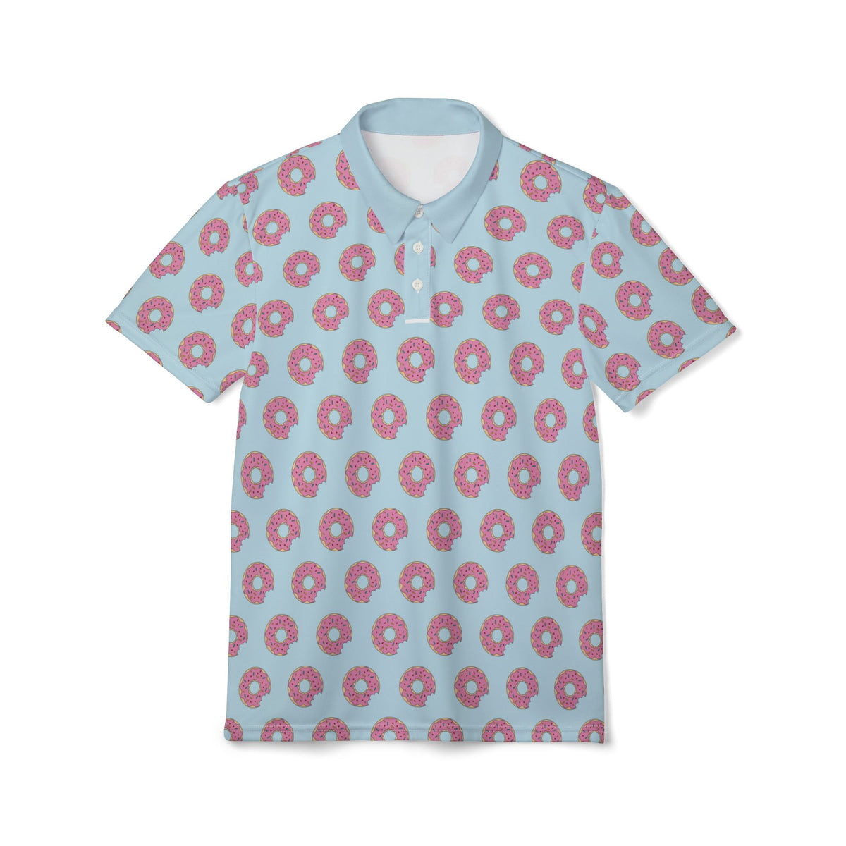 Blue Polo Shirt with Pink Donut Pattern — Casual Golf & Resort Tee