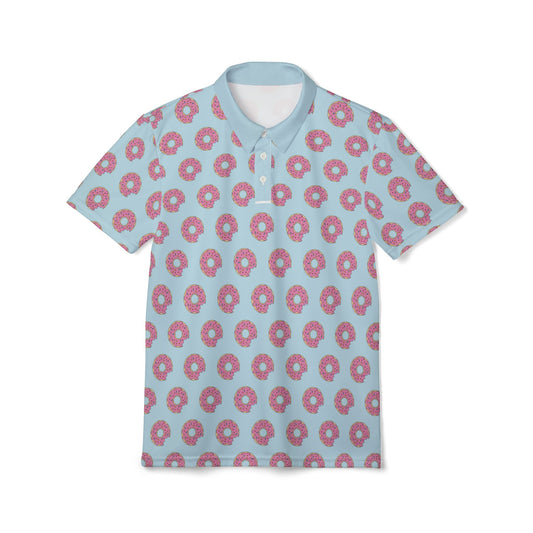 Blue Polo Shirt with Pink Donut Pattern — Casual Golf & Resort Tee